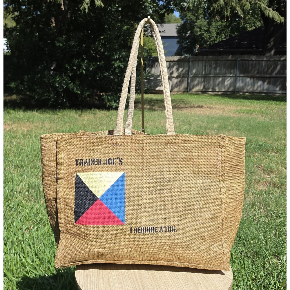 Trader Joe's Jute Tote Bag Z Flag I Require A Tug Nautical Burlap